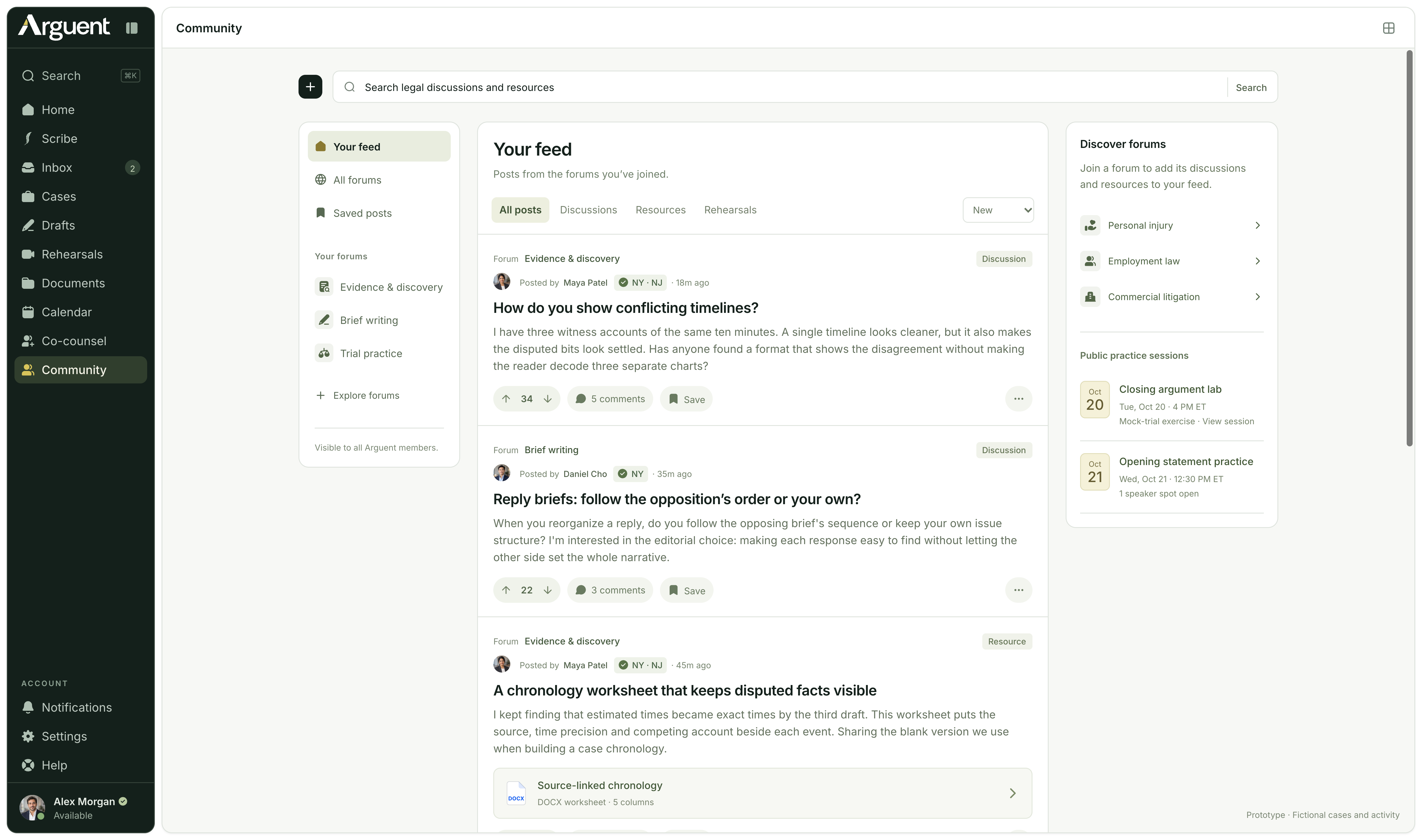 Arguent’s legal community: attorney discussions, resources, public practice sessions, and illustrative verified-license badges beside authors. All people and verification states are fictional.